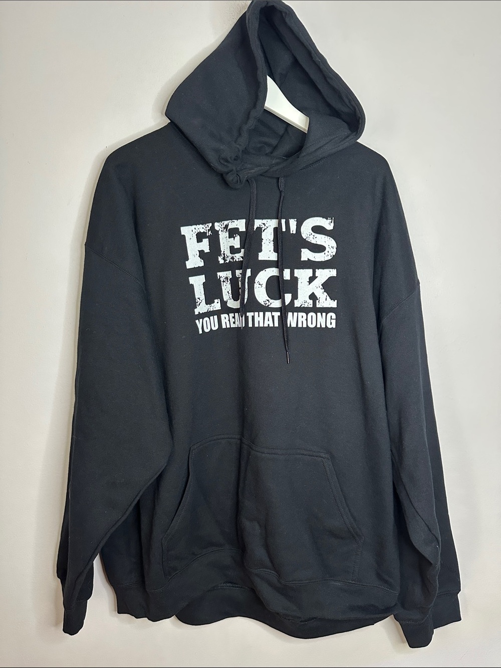 Black Graphic Hoodie Sweatshirt - 'FET'S LUCK' size 2XL